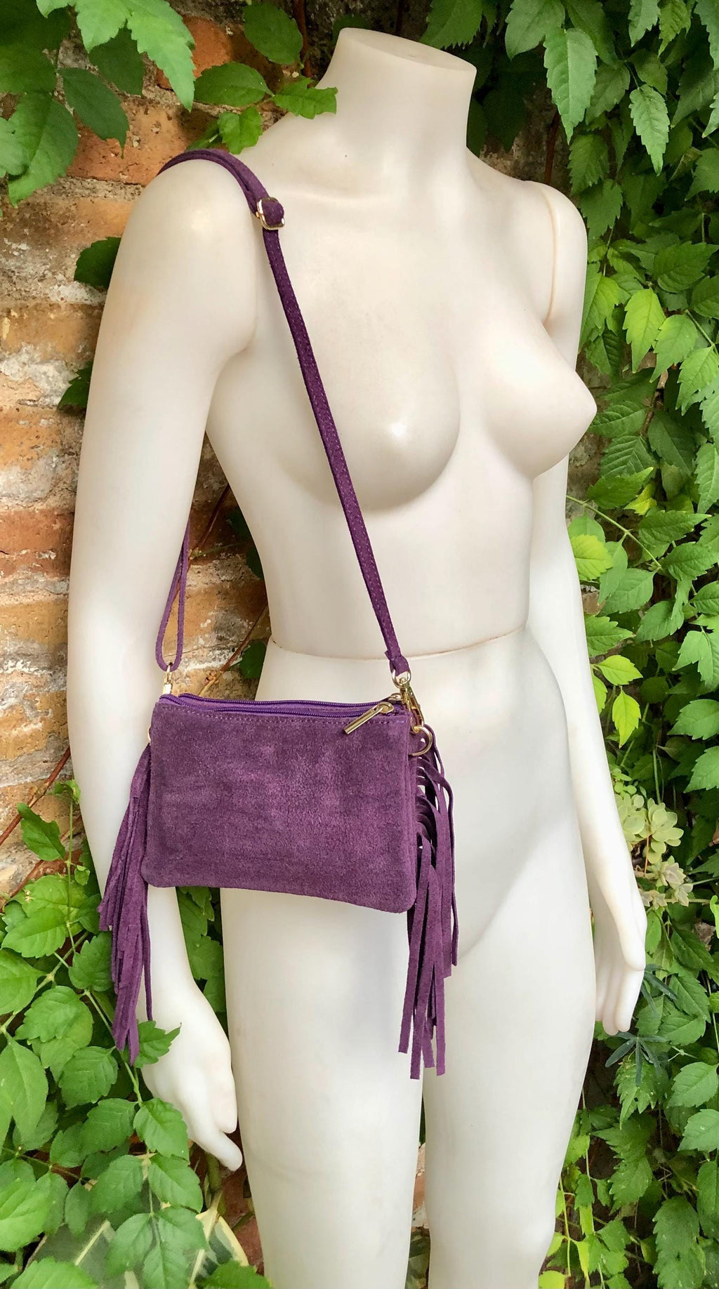 Small purple crossbody fringed bag. BOHO suede leather bag with FRINGES. Lilac genuine suede leather. Mauve suede purse. Medium purple suede