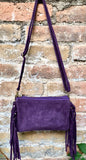 Small purple crossbody fringed bag. BOHO suede leather bag with FRINGES. Lilac genuine suede leather. Mauve suede purse. Medium purple suede