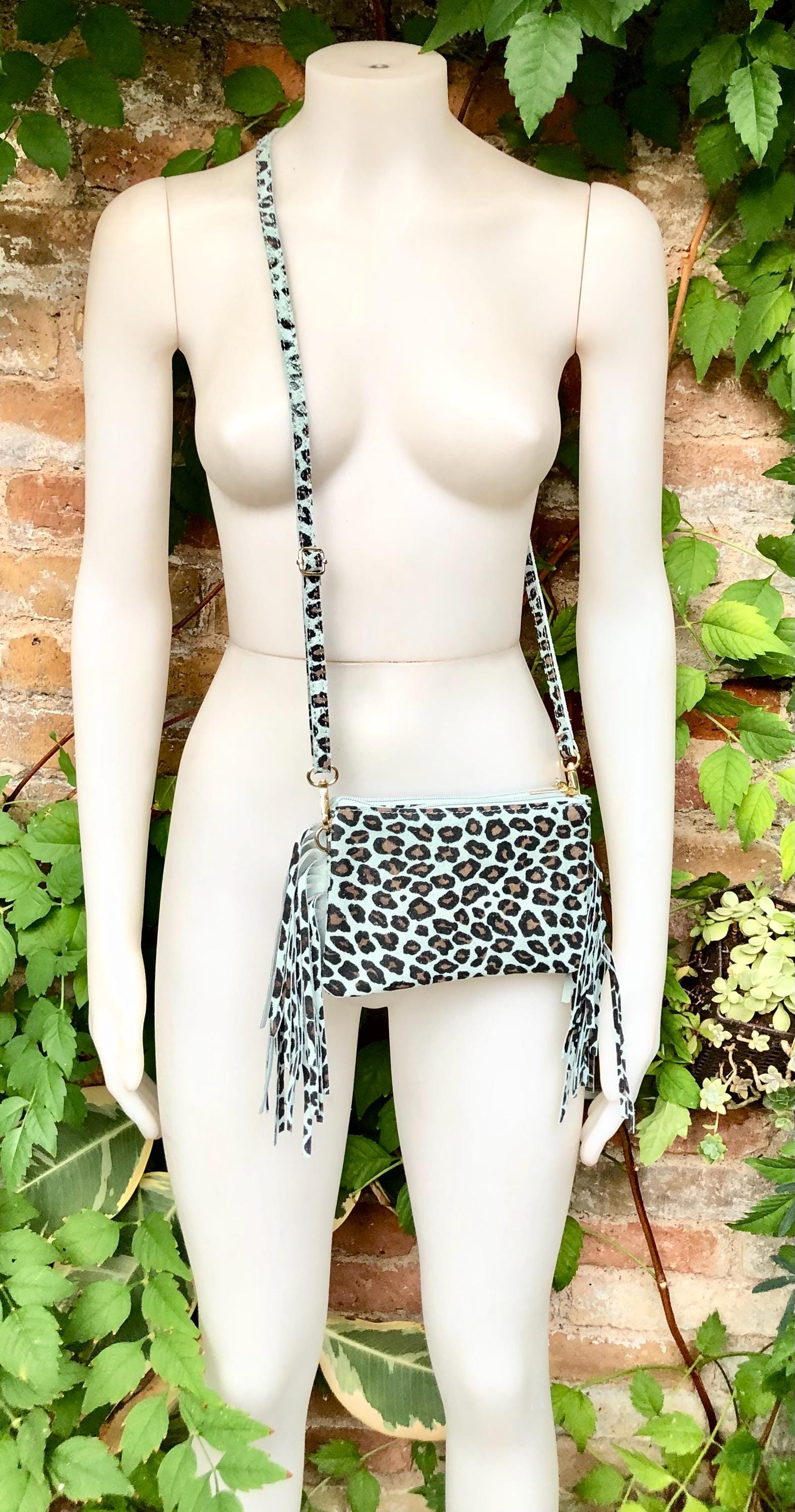 Cheetah print crossbody fringed bag.Small BOHO suede leather bag with FRINGES. Mint blue genuine suede leather.Animal print blue suede purse