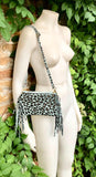 Cheetah print crossbody fringed bag.Small BOHO suede leather bag with FRINGES. Mint blue genuine suede leather.Animal print blue suede purse
