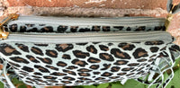 Cheetah print crossbody fringed bag.Small BOHO suede leather bag with FRINGES. Mint blue genuine suede leather.Animal print blue suede purse
