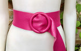 HOT PINK leather waist belt with large round buckle. Fuchsia leather belt. Genuine leather wide pink belt. PINK dress / overall belt.