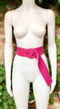 HOT PINK leather waist belt with large round buckle. Fuchsia leather belt. Genuine leather wide pink belt. PINK dress / overall belt.