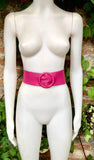 HOT PINK leather waist belt with large round buckle. Fuchsia leather belt. Genuine leather wide pink belt. PINK dress / overall belt.
