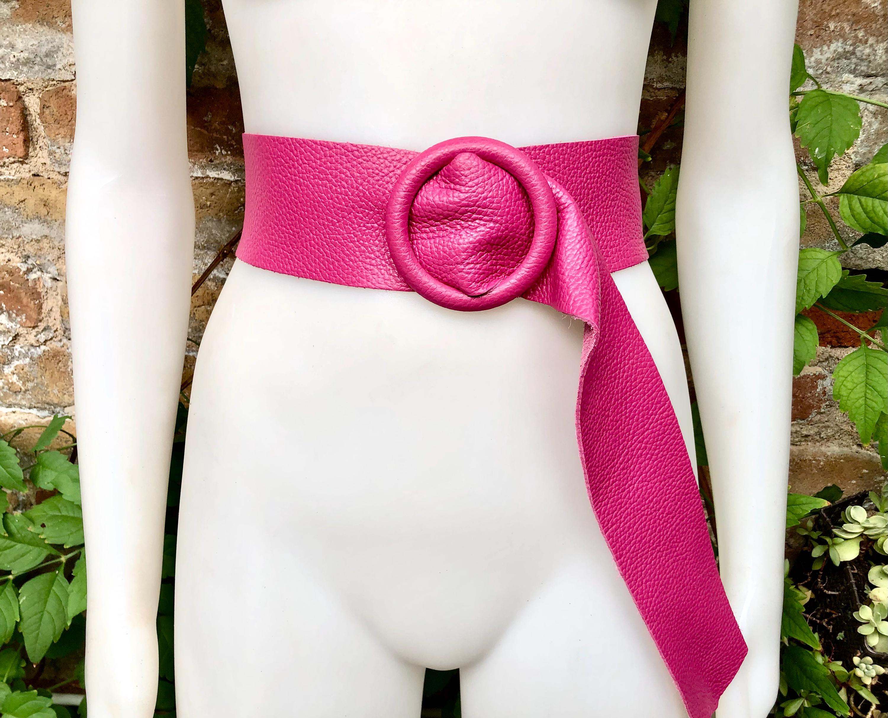HOT PINK leather waist belt with large round buckle. Fuchsia leather belt. Genuine leather wide pink belt. PINK dress / overall belt.