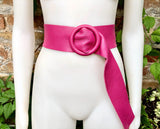 HOT PINK leather waist belt with large round buckle. Fuchsia leather belt. Genuine leather wide pink belt. PINK dress / overall belt.