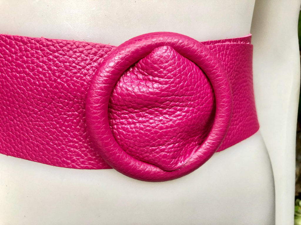 HOT PINK leather waist belt with large round buckle. Fuchsia leather belt. Genuine leather wide pink belt. PINK dress / overall belt.