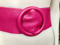 HOT PINK leather waist belt with large round buckle. Fuchsia leather belt. Genuine leather wide pink belt. PINK dress / overall belt.