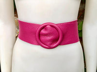 HOT PINK leather waist belt with large round buckle. Fuchsia leather belt. Genuine leather wide pink belt. PINK dress / overall belt.