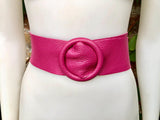 HOT PINK leather waist belt with large round buckle. Fuchsia leather belt. Genuine leather wide pink belt. PINK dress / overall belt.