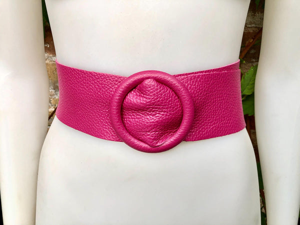 HOT PINK leather waist belt with large round buckle. Fuchsia leather belt. Genuine leather wide pink belt. PINK dress / overall belt.