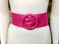 HOT PINK leather waist belt with large round buckle. Fuchsia leather belt. Genuine leather wide pink belt. PINK dress / overall belt.