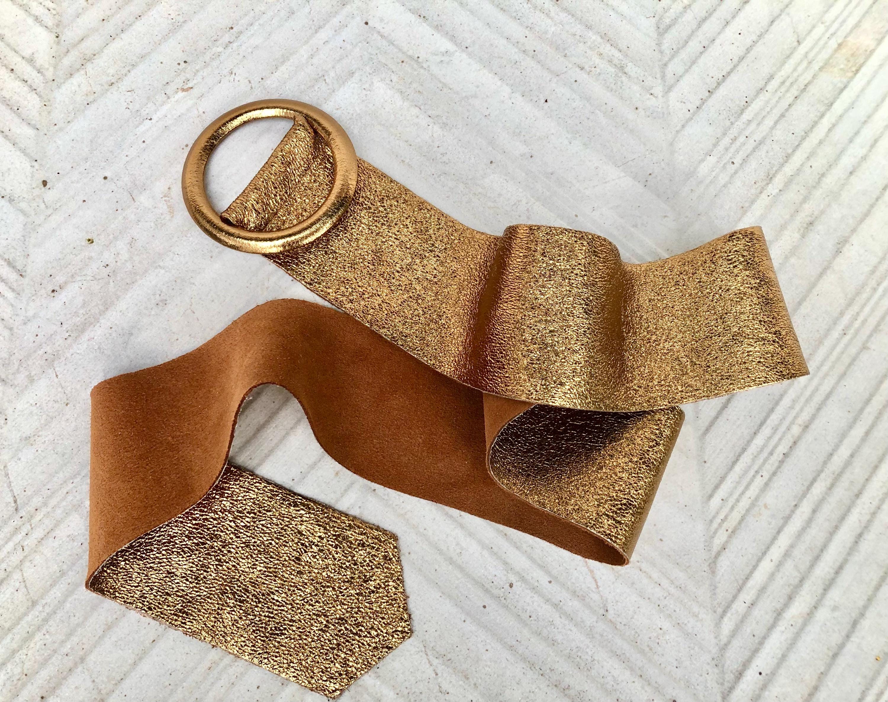 Dark GOLD metallic leather waist belt with large round buckle. Soft leather belt in gold. Boho glitter genuine leather belt. Gold waist belt