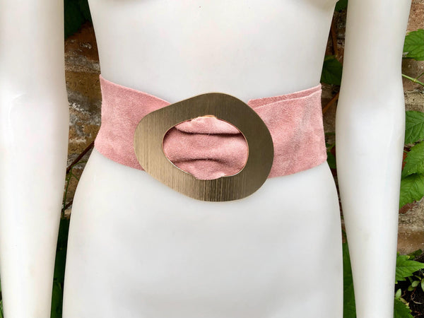 Light PINK leather waist belt with large gold metal buckle. Dusty pink soft genuine leather wide belt. Boho pink suede dress belt.