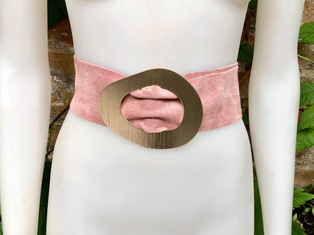 Light PINK leather waist belt with large gold metal buckle. Dusty pink soft genuine leather wide belt. Boho pink suede dress belt.