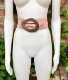 Light PINK leather waist belt with large gold metal buckle. Dusty pink soft genuine leather wide belt. Boho pink suede dress belt.