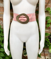 Light PINK leather waist belt with large gold metal buckle. Dusty pink soft genuine leather wide belt. Boho pink suede dress belt.