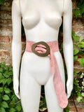 Light PINK leather waist belt with large gold metal buckle. Dusty pink soft genuine leather wide belt. Boho pink suede dress belt.