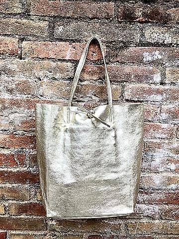 Tote leather bag in GOLD. Leather shopper in natural GENUINE leather. Large carry all bag for your laptop, books. Metallic leather shopper.