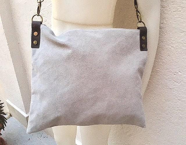 Cross body bag. BOHO suede leather bag in gray. Messenger bag in soft genuine suede leather. Crossbody bag in gray suede.