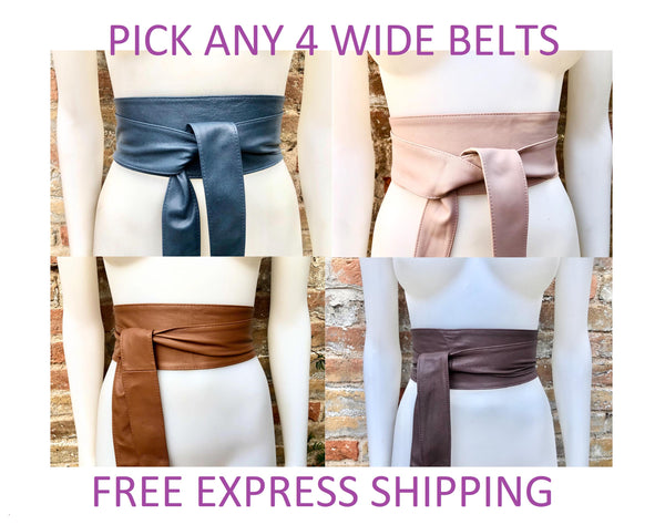 Wide obi waist belts. Pick any 4 belts in this style.Soft genuine leather wrap belt. Wraparound belt. Boho dress belt. Free express shipping