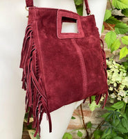 Burgundy crossbody fringed bag. BOHO suede leather bag with FRINGES. Wine red genuine suede leather. Dark red suede purse.