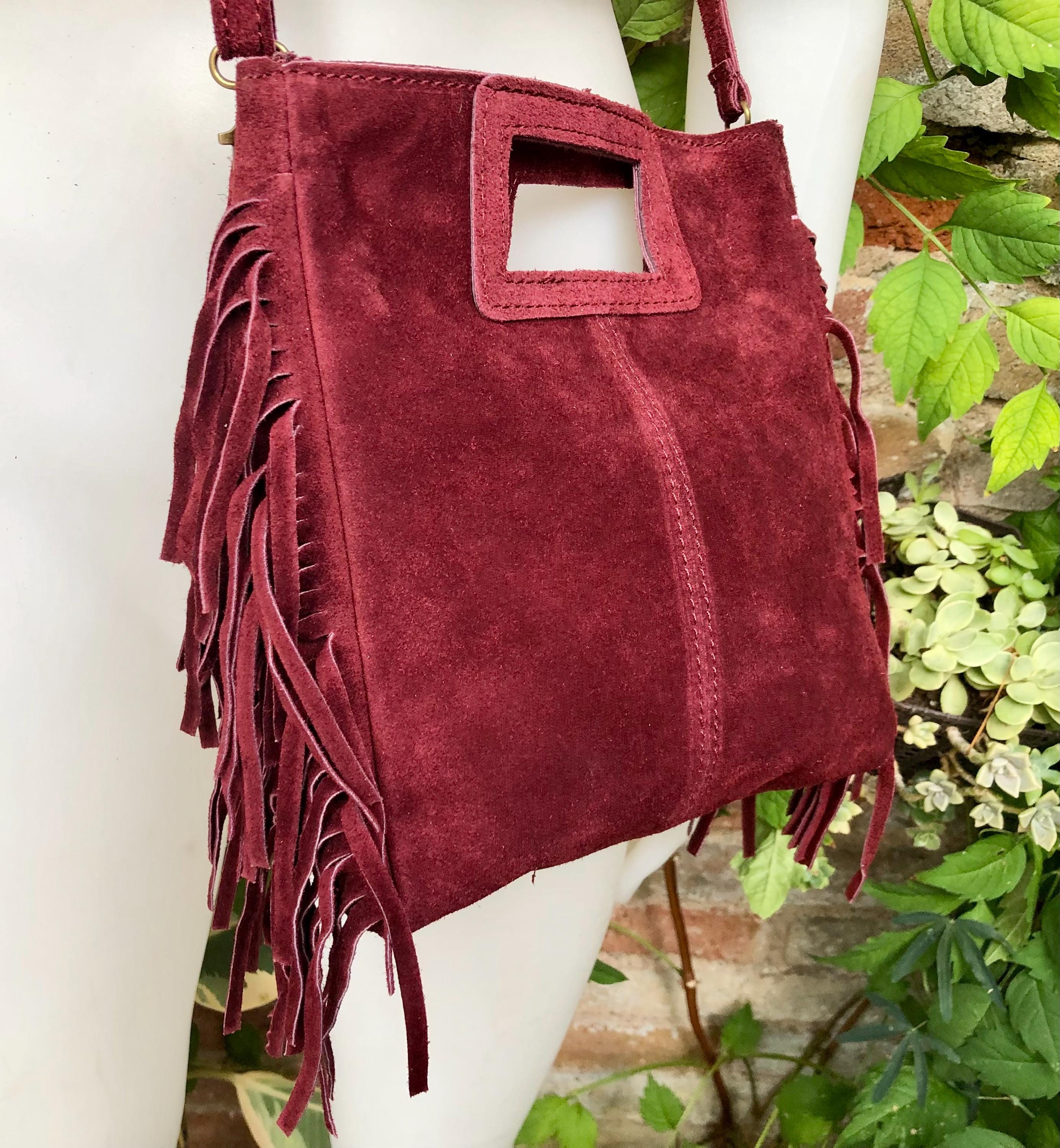 Burgundy crossbody fringed bag. BOHO suede leather bag with FRINGES. Wine red genuine suede leather. Dark red suede purse.