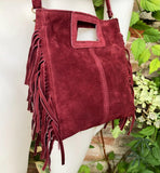 Burgundy crossbody fringed bag. BOHO suede leather bag with FRINGES. Wine red genuine suede leather. Dark red suede purse.