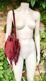 Burgundy crossbody fringed bag. BOHO suede leather bag with FRINGES. Wine red genuine suede leather. Dark red suede purse.