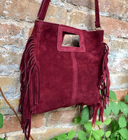 Burgundy crossbody fringed bag. BOHO suede leather bag with FRINGES. Wine red genuine suede leather. Dark red suede purse.