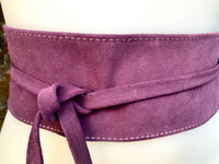 Purple wide OBI belt in genuine soft suede. Waist belt in purple. Dark mauve boho belt. Wide dress wraparound purple belt. Longer option.