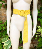 Bright yellow suede waist belt with large round buckle. Boho soft suede wide belt.Genuine natural yellow suede leather. Yellow dress belt