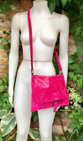 Magenta pink suede bag. Genuine leather purse. Crossbody fuchsia Messenger bag in soft natural leather for books, tablets. Hot pink purse