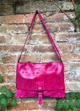 Magenta pink suede bag. Genuine leather purse. Crossbody fuchsia Messenger bag in soft natural leather for books, tablets. Hot pink purse