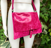 Magenta pink suede bag. Genuine leather purse. Crossbody fuchsia Messenger bag in soft natural leather for books, tablets. Hot pink purse