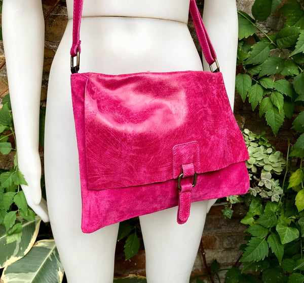 Magenta pink suede bag. Genuine leather purse. Crossbody fuchsia Messenger bag in soft natural leather for books, tablets. Hot pink purse