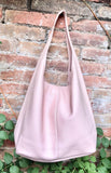 Slouch bag. Tote leather bag in light pink with ZIPPER. Soft genuine leather. Soft pink leather purse. Wide strap leather shoulder bag.