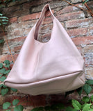 Slouch bag. Tote leather bag in light pink with ZIPPER. Soft genuine leather. Soft pink leather purse. Wide strap leather shoulder bag.