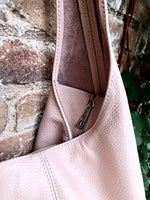 Slouch bag. Tote leather bag in light pink with ZIPPER. Soft genuine leather. Soft pink leather purse. Wide strap leather shoulder bag.