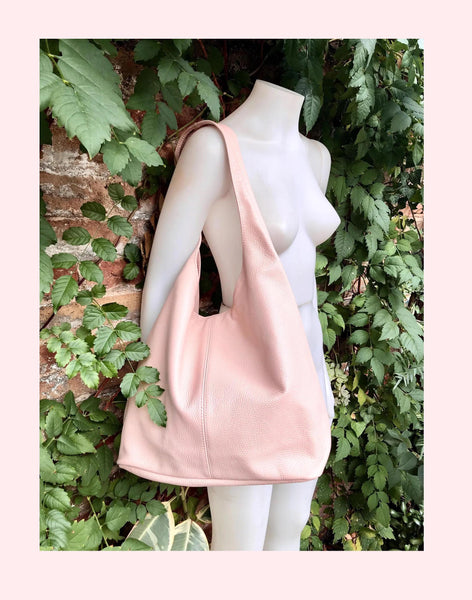 Slouch bag. Tote leather bag in light pink with ZIPPER. Soft genuine leather. Soft pink leather purse. Wide strap leather shoulder bag.
