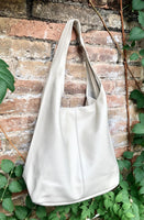 Cream slouch bag. Tote leather bag in light beige with ZIPPER. Soft genuine leather. Creamy white leather purse. Wide strap shoulder bag.