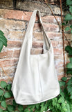 Cream slouch bag. Tote leather bag in light beige with ZIPPER. Soft genuine leather. Creamy white leather purse. Wide strap shoulder bag.