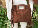 Dark brown crossbody fringed bag. BOHO suede leather bag with FRINGES. Chocolate brown genuine suede leather. Dark brown suede purse.