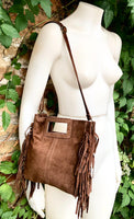Dark brown crossbody fringed bag. BOHO suede leather bag with FRINGES. Chocolate brown genuine suede leather. Dark brown suede purse.