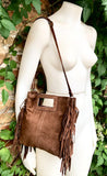 Dark brown crossbody fringed bag. BOHO suede leather bag with FRINGES. Chocolate brown genuine suede leather. Dark brown suede purse.