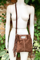 Dark brown crossbody fringed bag. BOHO suede leather bag with FRINGES. Chocolate brown genuine suede leather. Dark brown suede purse.