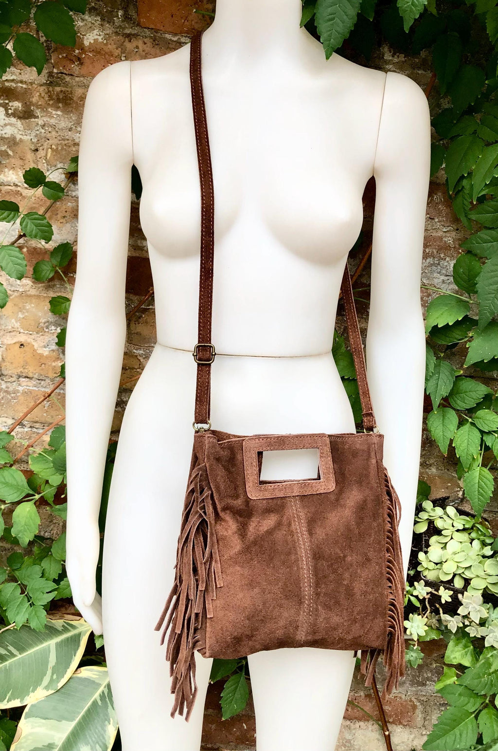 Dark brown crossbody fringed bag. BOHO suede leather bag with FRINGES. Chocolate brown genuine suede leather. Dark brown suede purse.