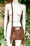 Dark brown crossbody fringed bag. BOHO suede leather bag with FRINGES. Chocolate brown genuine suede leather. Dark brown suede purse.