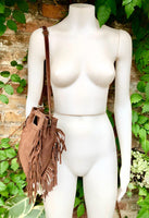 Dark brown crossbody fringed bag. BOHO suede leather bag with FRINGES. Chocolate brown genuine suede leather. Dark brown suede purse.
