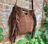 Dark brown crossbody fringed bag. BOHO suede leather bag with FRINGES. Chocolate brown genuine suede leather. Dark brown suede purse.